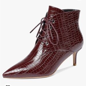 Sleek Deep Red Faux Croc Booties Ankle Boots Pointed Toe‎ Lace Up Vegan 10.5-11